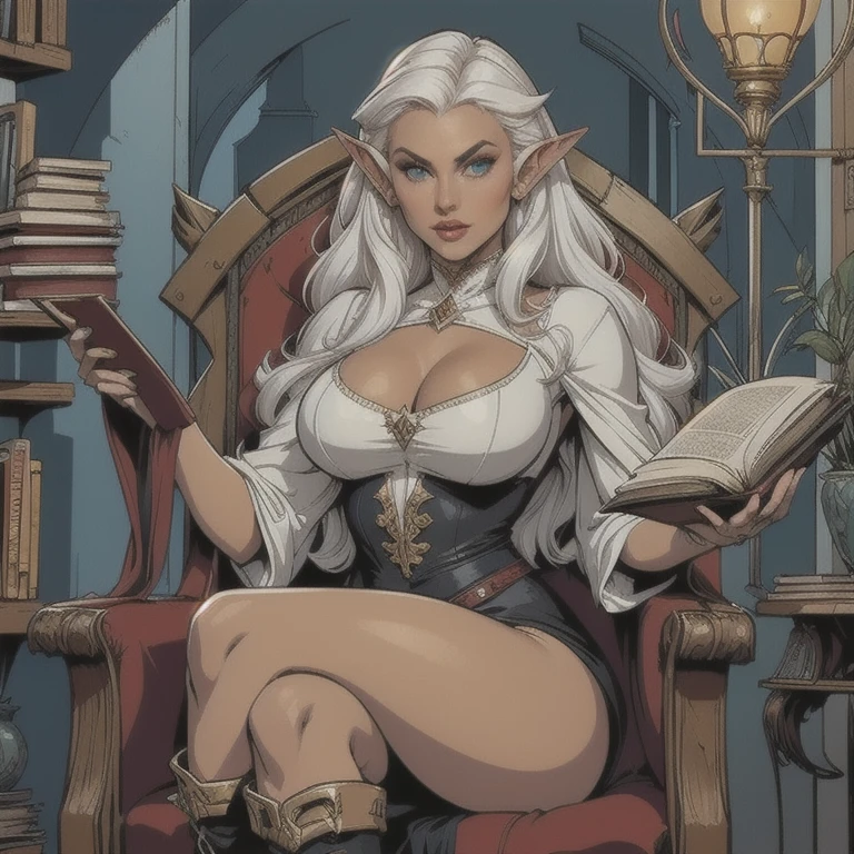 a female dark elf, long curly white hair like clouds, pointed ears, opaque eyes, thin lips, round face, tan skin tone, wearing form-fitting clothes, large bust and wide hips, sitting in a cozy armchair, looking at the viewer, wearing knee-high boots, holding a large open book, sitting in an elven library setting