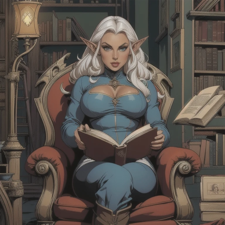 a female dark elf, long curly white hair like clouds, pointed ears, opaque eyes, thin lips, round face, tan skin tone, wearing form-fitting clothes, large bust and wide hips, sitting in a cozy armchair, looking at the viewer, wearing knee-high boots, holding a large open book, sitting in an elven library setting