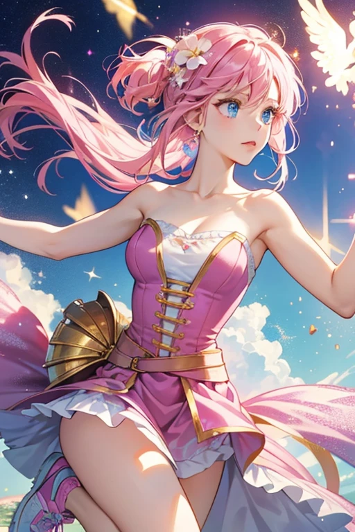 She has pink hair and blue eyes. She also has C cup breasts.
She wears a golden angelic strapless knight armor that's like a dress.
Her casual wear is a magenta sleeveless dress with a flower on the front, long magenta skirt, and pink running shoes. . SPARKLE; GLITTER