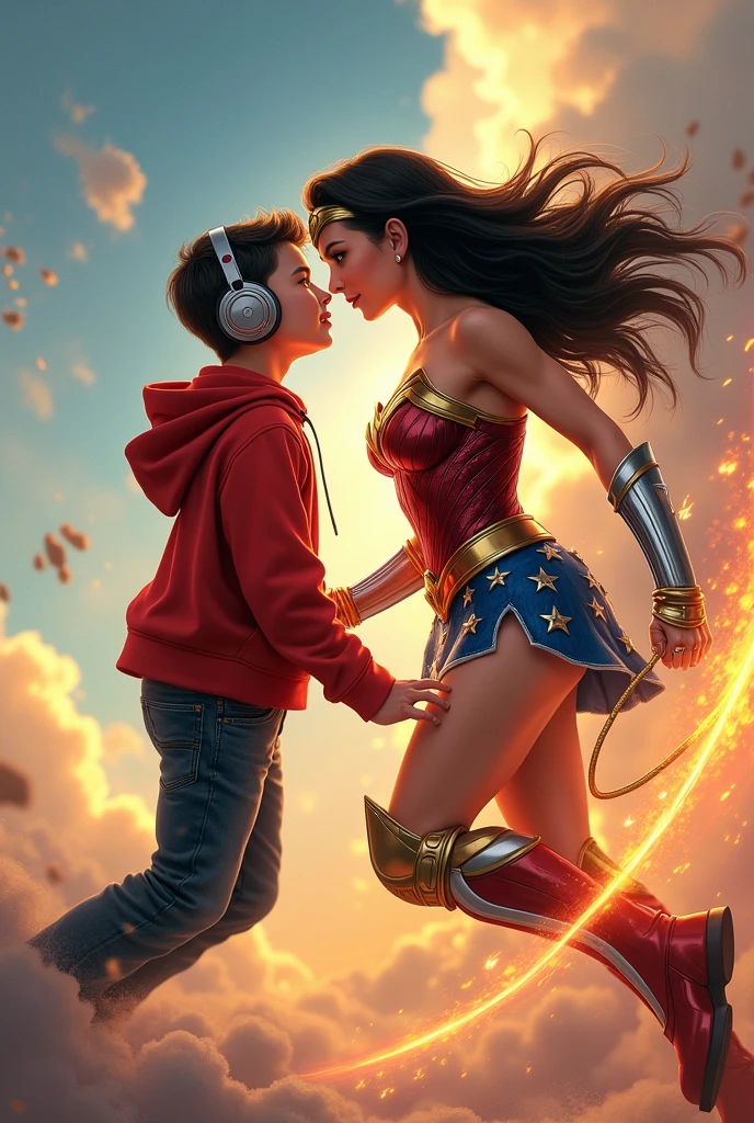 Young boy with red hoodie, headphones, magic rings in the hands and rocket boots, Vs, wonder woman (Big tits), fighting, power, fiction, full body, 2 persons, magic lasso, hight, fall, fire in boots, poweful spells, realistic, gun, flying in the sky, love, passion, kissing, Romance