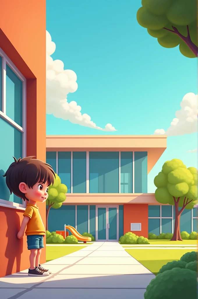 Generates a cartoon of a modern, bright school with a child looking inside through the window