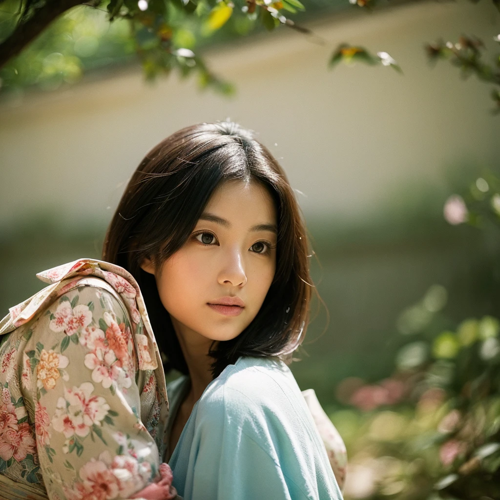 A hyper-realistic image of a single Japanese woman in her early 20s, captured from the shoulders up with the nostalgic warmth and subtle graininess of a film camera. She is wearing a traditional yukata with a vibrant, cute design featuring bold and colorful floral patterns such as cherry blossoms and peonies in shades of pink, red, and lavender, set against a soft pastel background. The obi is elegantly tied with a complementary color, adding a playful touch. The fabric of the yukata appears naturally lightweight, with visible folds and textures that enhance its realism, draping gracefully over her shoulders. Her skin, seen clearly from the shoulders up, has a warm beige tone with a highly realistic, slightly rough texture, showcasing visible pores, fine lines, and minor blemishes, along with subtle unevenness, such as delicate dryness around the cheeks and small natural shadows under the eyes. The lighting is soft and subdued, replicating the gentle, diffused natural light of an overcast day or early evening, creating realistic shadows across her face. These shadows subtly contour her cheekbones, nose, and jawline, adding depth and dimension to her facial features, enhancing the lifelike quality of her skin texture. Her straight, glossy black hair frames her face naturally, slightly tousled, adding to the authenticity of her look. Her deep brown eyes reflect the ambient light, providing depth and a natural, lifelike shine. The film camera effect introduces a noticeable grain and a soft focus, giving the image a warm, nostalgic atmosphere while maintaining the raw, lifelike quality of her skin. The composition is centered solely on her, capturing her serene and understated elegance, focusing closely on the detailed textures of the yukata and the authentic, natural skin texture, with dynamic lighting and shadow play that mimics a real-life photograph.