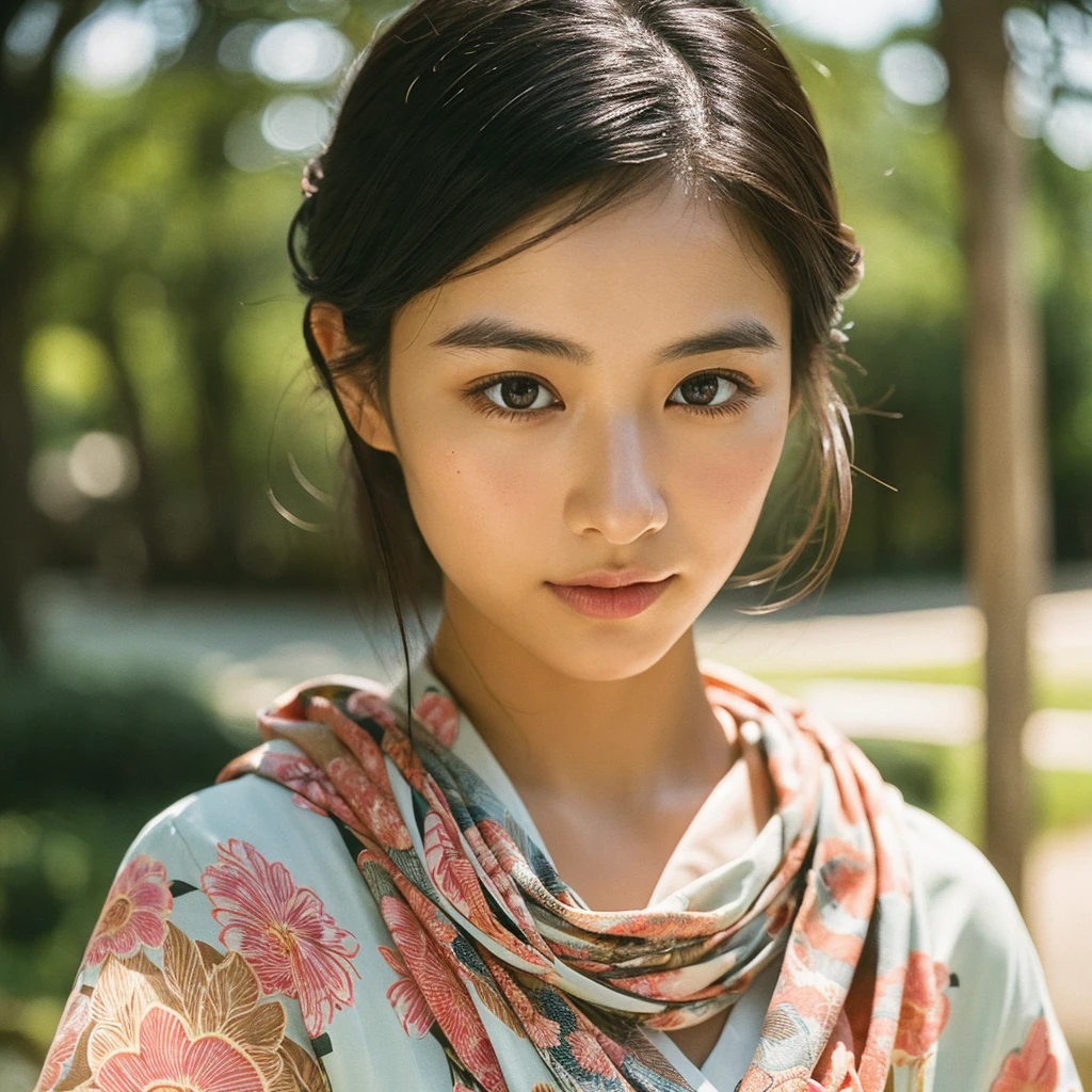 A hyper-realistic image of a single Japanese woman in her early 20s, captured from the shoulders up with the nostalgic warmth and subtle graininess of a film camera. She is wearing a traditional yukata with a vibrant, cute design featuring bold and colorful floral patterns such as cherry blossoms and peonies in shades of pink, red, and lavender, set against a soft pastel background. The obi is elegantly tied with a complementary color, adding a playful touch. The fabric of the yukata appears naturally lightweight, with visible folds and textures that enhance its realism, draping gracefully over her shoulders. Her skin, seen clearly from the shoulders up, has a warm beige tone with a highly realistic, slightly rough texture, showcasing visible pores, fine lines, and minor blemishes, along with subtle unevenness, such as delicate dryness around the cheeks and small natural shadows under the eyes. The lighting is soft and subdued, replicating the gentle, diffused natural light of an overcast day or early evening, creating realistic shadows across her face. These shadows subtly contour her cheekbones, nose, and jawline, adding depth and dimension to her facial features, enhancing the lifelike quality of her skin texture. Her straight, glossy black hair frames her face naturally, slightly tousled, adding to the authenticity of her look. Her deep brown eyes reflect the ambient light, providing depth and a natural, lifelike shine. The film camera effect introduces a noticeable grain and a soft focus, giving the image a warm, nostalgic atmosphere while maintaining the raw, lifelike quality of her skin. The composition is centered solely on her, capturing her serene and understated elegance, focusing closely on the detailed textures of the yukata and the authentic, natural skin texture, with dynamic lighting and shadow play that mimics a real-life photograph.