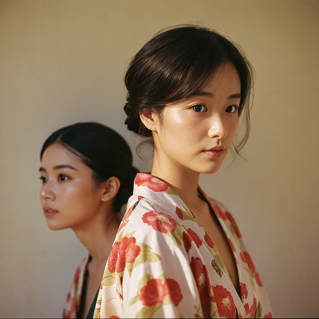 A hyper-realistic image of a single Japanese woman in her early 20s, captured from the shoulders up with the nostalgic warmth and subtle graininess of a film camera. She is wearing a traditional yukata with a vibrant, cute design featuring bold and colorful floral patterns such as cherry blossoms and peonies in shades of pink, red, and lavender, set against a soft pastel background. The obi is elegantly tied with a complementary color, adding a playful touch. The fabric of the yukata appears naturally lightweight, with visible folds and textures that enhance its realism, draping gracefully over her shoulders. Her skin, seen clearly from the shoulders up, has a warm beige tone with a highly realistic, slightly rough texture, showcasing visible pores, fine lines, and minor blemishes, along with subtle unevenness, such as delicate dryness around the cheeks and small natural shadows under the eyes. The lighting is soft and subdued, replicating the gentle, diffused natural light of an overcast day or early evening, creating realistic shadows across her face. These shadows subtly contour her cheekbones, nose, and jawline, adding depth and dimension to her facial features, enhancing the lifelike quality of her skin texture. Her straight, glossy black hair frames her face naturally, slightly tousled, adding to the authenticity of her look. Her deep brown eyes reflect the ambient light, providing depth and a natural, lifelike shine. The film camera effect introduces a noticeable grain and a soft focus, giving the image a warm, nostalgic atmosphere while maintaining the raw, lifelike quality of her skin. The composition is centered solely on her, capturing her serene and understated elegance, focusing closely on the detailed textures of the yukata and the authentic, natural skin texture, with dynamic lighting and shadow play that mimics a real-life photograph.