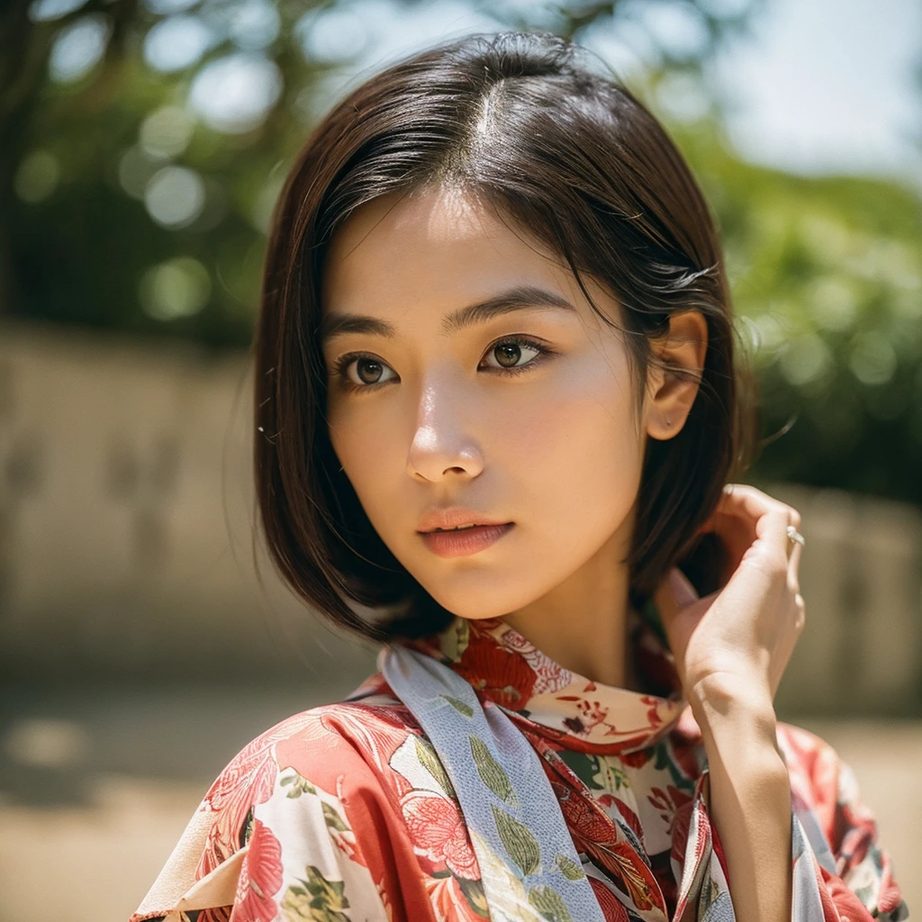 A hyper-realistic image of a single Japanese woman in her early 20s, captured from the shoulders up with the nostalgic warmth and subtle graininess of a film camera. She is wearing a traditional yukata with a vibrant, cute design featuring bold and colorful floral patterns such as cherry blossoms and peonies in shades of pink, red, and lavender, set against a soft pastel background. The obi is elegantly tied with a complementary color, adding a playful touch. The fabric of the yukata appears naturally lightweight, with visible folds and textures that enhance its realism, draping gracefully over her shoulders. Her skin, seen clearly from the shoulders up, has a warm beige tone with a highly realistic, slightly rough texture, showcasing visible pores, fine lines, and minor blemishes, along with subtle unevenness, such as delicate dryness around the cheeks and small natural shadows under the eyes. The lighting is soft and subdued, replicating the gentle, diffused natural light of an overcast day or early evening, creating realistic shadows across her face. These shadows subtly contour her cheekbones, nose, and jawline, adding depth and dimension to her facial features, enhancing the lifelike quality of her skin texture. Her straight, glossy black hair frames her face naturally, slightly tousled, adding to the authenticity of her look. Her deep brown eyes reflect the ambient light, providing depth and a natural, lifelike shine. The film camera effect introduces a noticeable grain and a soft focus, giving the image a warm, nostalgic atmosphere while maintaining the raw, lifelike quality of her skin. The composition is centered solely on her, capturing her serene and understated elegance, focusing closely on the detailed textures of the yukata and the authentic, natural skin texture, with dynamic lighting and shadow play that mimics a real-life photograph.