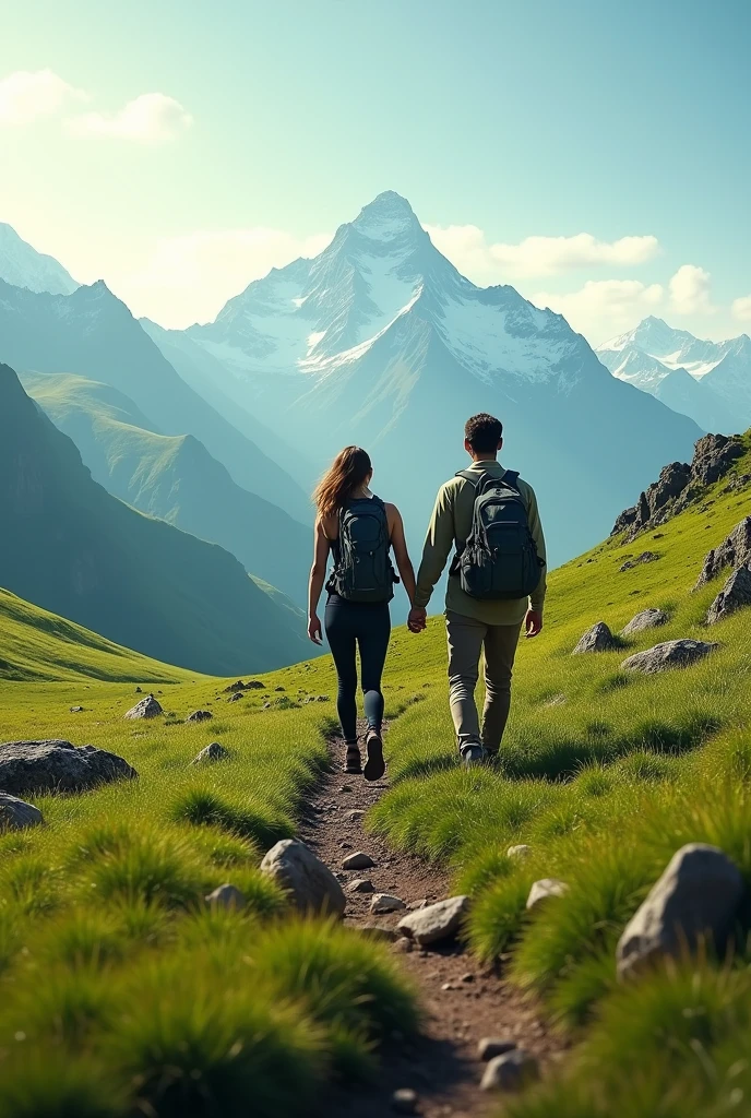 make mountain shoe advertisement, couple walking towards the horizon, green landscape, green mountains, rocky, urban horizon view