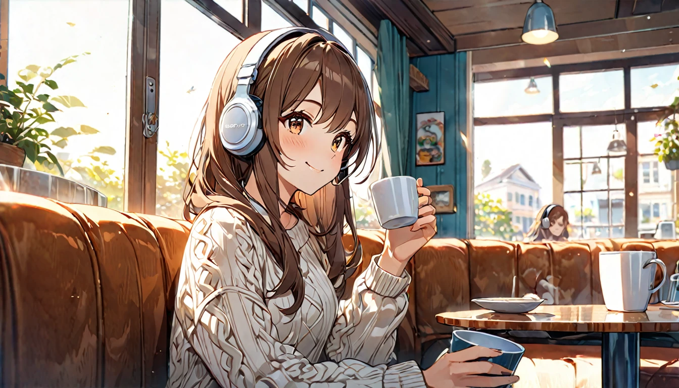background：Quiet cafe window seat。
expression：Gentle smile。
Costume：Casual sweater and jeans。
Pause：holding a coffee cup in hand。
scene：In a cafe bathed in morning sunlight、Relaxing morning moments。

(Brown haired woman wearing headphones), (Relaxing morning at the cafe), (Very detailed, masterpiece, Highest quality, bright), (Anime Style)。
