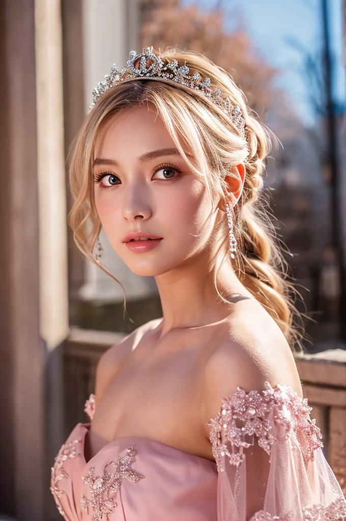 (masterpiece),(Highest image quality),top quality,(extremely detailed),4K,(8K),super detailed,realistic,1 girl,blond hair,Off-Shoulder,ball gown,pink dress,tiara