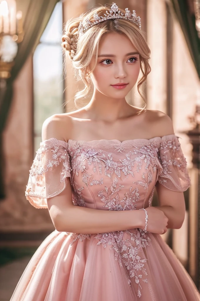 (masterpiece),(Highest image quality),top quality,(extremely detailed),4K,(8K),super detailed,realistic,1 girl,blond hair,Off-Shoulder,ball gown,pink dress,tiara