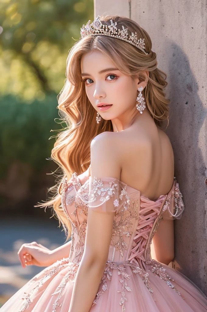 (masterpiece),(Highest image quality),top quality,(extremely detailed),4K,(8K),super detailed,realistic,1 girl,blond hair,Off-Shoulder,ball gown,pink dress,tiara