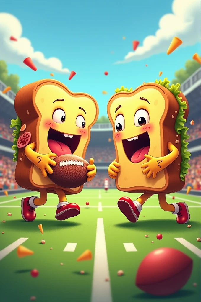 Two ham and cheese sandwiches playing football