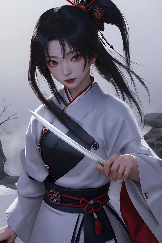 Mysterious Samurai Woman (Musashi Miyamoto) swing a long Japanese sword, Split apart with every strong blow、The view is obscured by fog., Revealing vivid and surreal scenes, Blade&#39;The s-cut stands out clearly even against a blurry background., Mysterious background, The sharp gaze of the white fox meets the viewer...., A dreamy layer of fog covers the landscape., piercing, clear eyes, Stylish and beautiful kimono, Dramatic lighting and colors