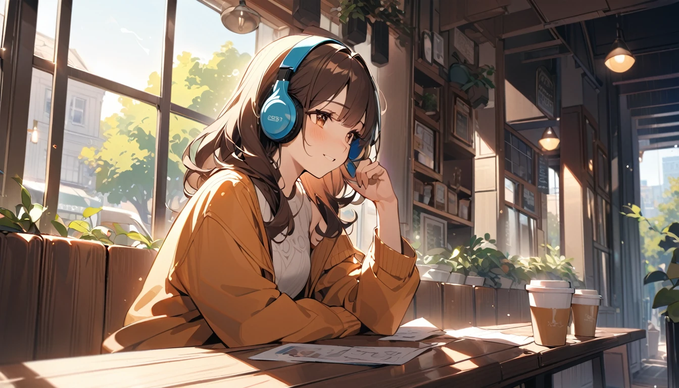 background:Quiet cafe window seat。
expression:Gentle smile。
Costume:Casual sweater and jeans。
Pause:holding a coffee cup in hand。
scene:In a cafe bathed in morning sunlight、Relaxing morning moments。
(Brown haired woman wearing headphones), (Relaxing morning at the cafe), (Very detailed, masterpiece, Highest quality, bright), (Anime Style)。