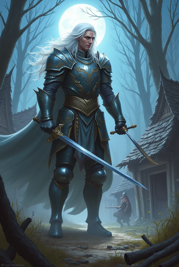 Orion Battles the Marauders:**
   - "A tall, white-haired warrior with blue eyes, dressed in shimmering armor, fights against a group of marauders. The warrior's movements are graceful yet powerful, wielding a sword with skill. The marauders, clad in dark, ragged clothing, are fleeing in terror. The setting is a small village under a full moon, with houses and trees in the background."
