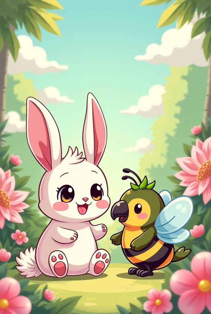 a rabbit, A bee and a parrot in chibi anime 