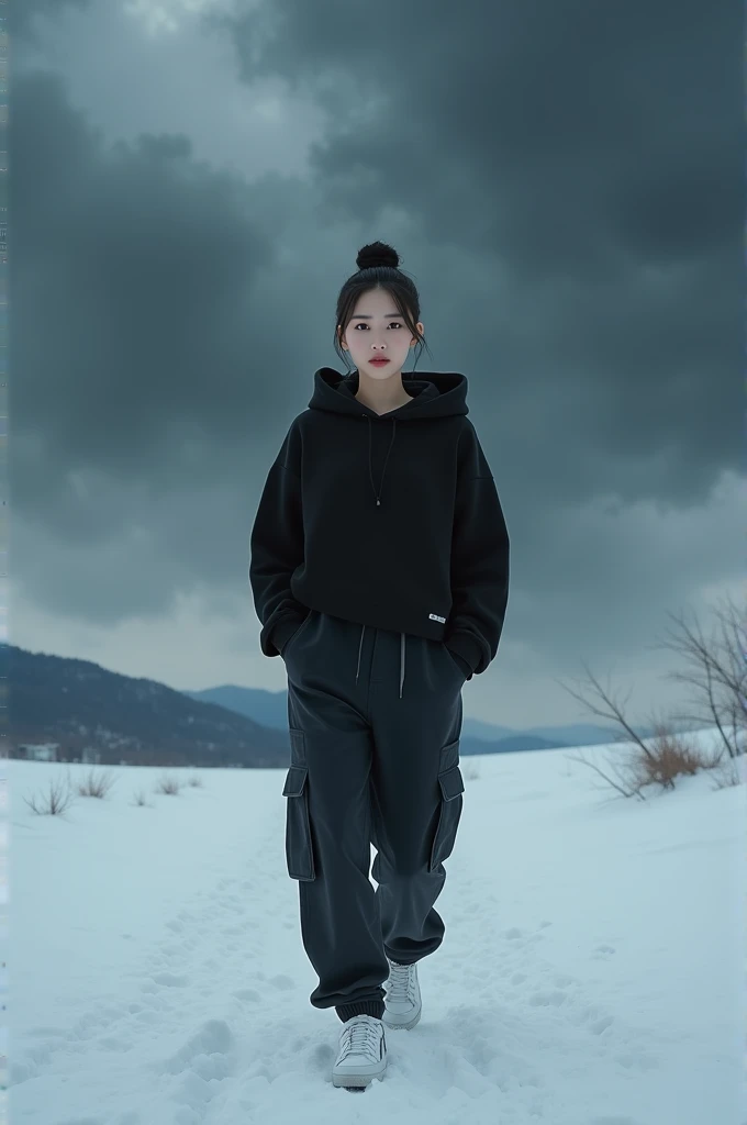 Korean women with smooth white skin, well-groomed face, ,beautiful eyes,black hood,dark storm clouds,satin,joy,cargo pants,white sneakers, Korean style bun hair ,8k resolution,The content is very detailed,Anatomically correct,sharp image,Tren Pixiv,8k, Masterpiece, best quality, Village, snowing, snow cover,Realistic original photo