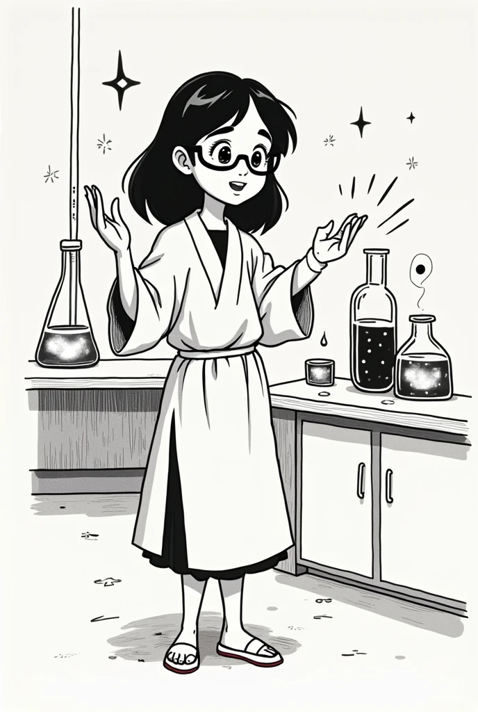 A smiling girl with glasses, black, skinny, straight-haired Latina, explaining an experiment in a black and white 70s anime movie-style robe 