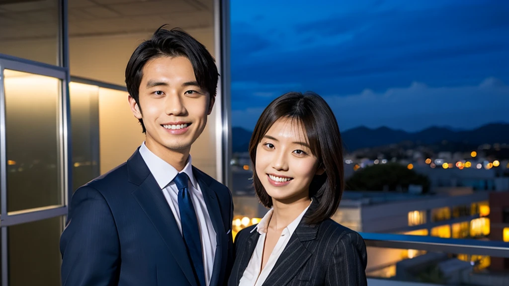 Smiling Hina Kikuchi、Taking a photo with a boy with a center part, office, Night view, suit