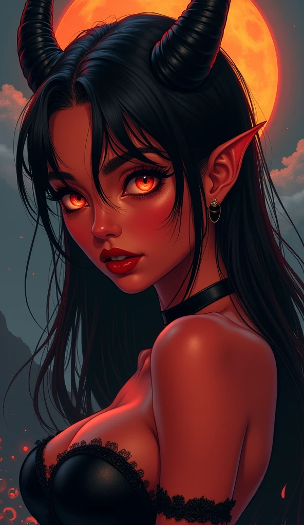 cute and sexy devil girl, short body, black hair, orange eyes, eyes glowing, red skin, horns, choker, serious face, semi-realistic style, outliner, hell background, dark sky background, moon light, face close up