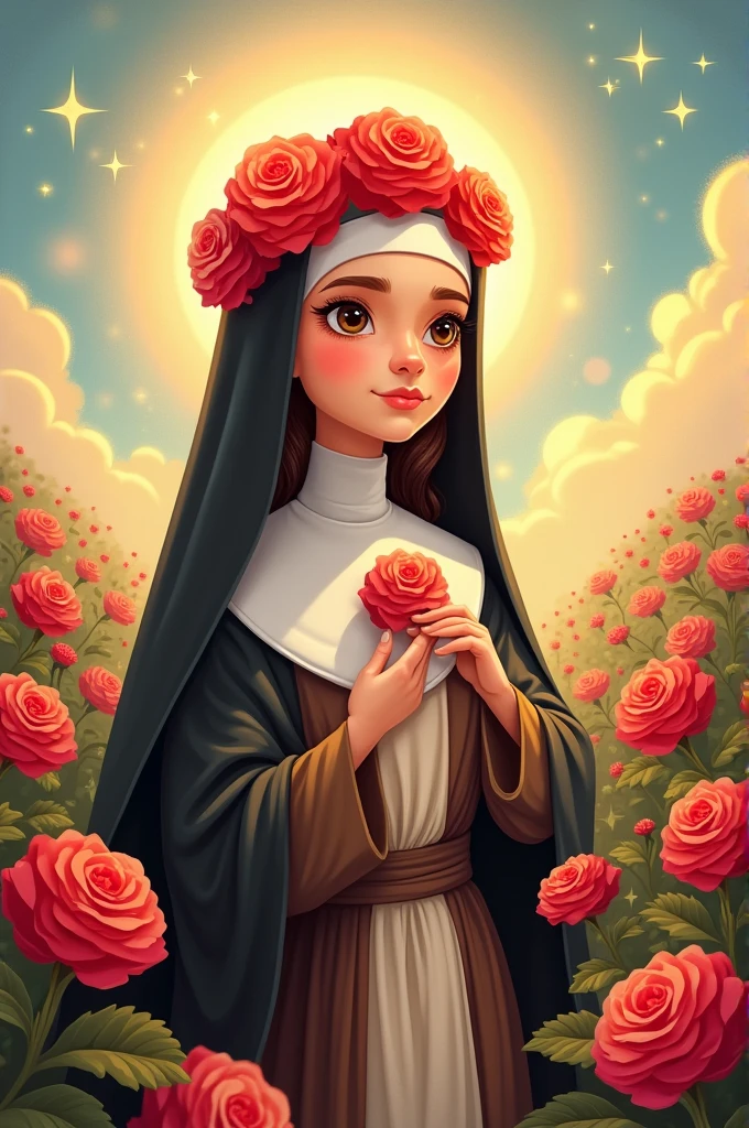 Create a cartoon illustration of Saint Rose of Lima, where the love of Saint Rose of Lima and her values are reflected, besides, She must be with roses on her head, habit and the image must have a heavenly or spiritual landscape, It could be a rose garden