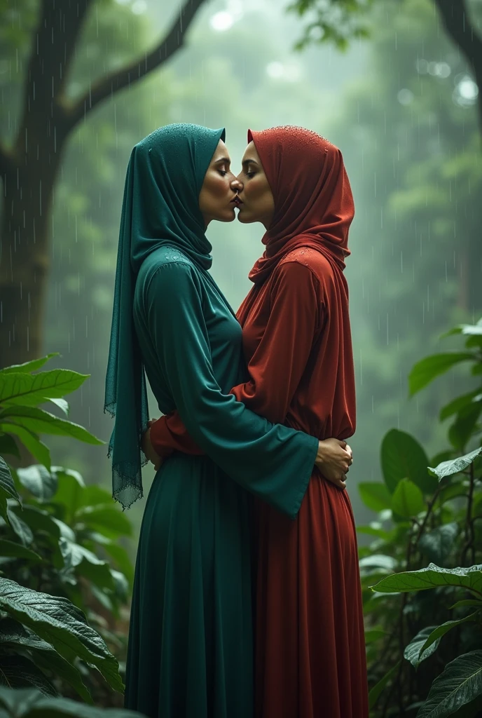 flux-style hijab women kissing ultra hd view far rain laying down rainforest full body view