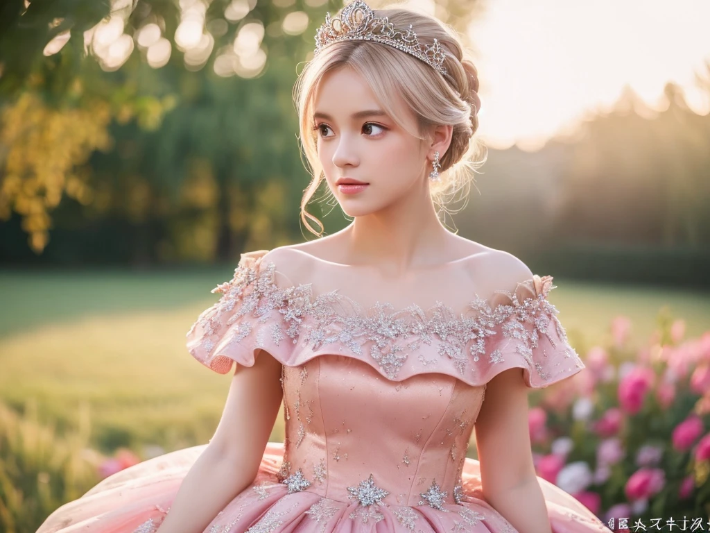 (masterpiece),(Highest image quality),top quality,(extremely detailed),4K,(8K),super detailed,realistic,1 girl,blond hair,Off-Shoulder,ball gown,pink dress,tiara