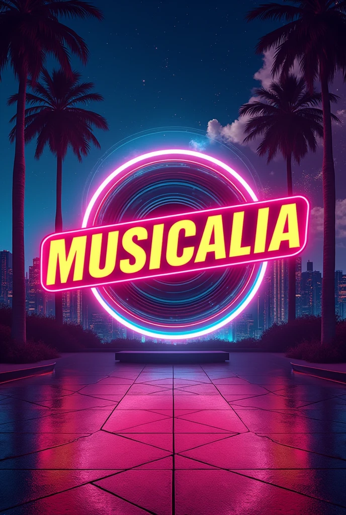 Create a vibrant Instagram profile image for a professional flashback show account. The image must contain the name Musicalia. A imagem deve remeter a shows de flashback