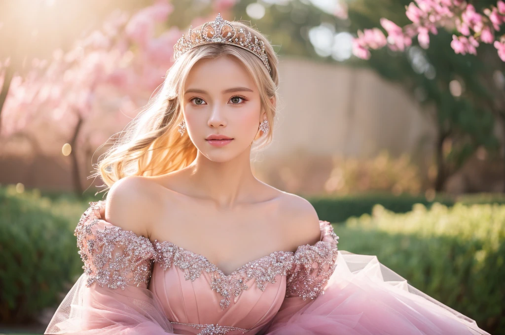 (masterpiece),(Highest image quality),top quality,(extremely detailed),4K,(8K),super detailed,realistic,1 girl,blond hair,Off-Shoulder,ball gown,pink dress,tiara