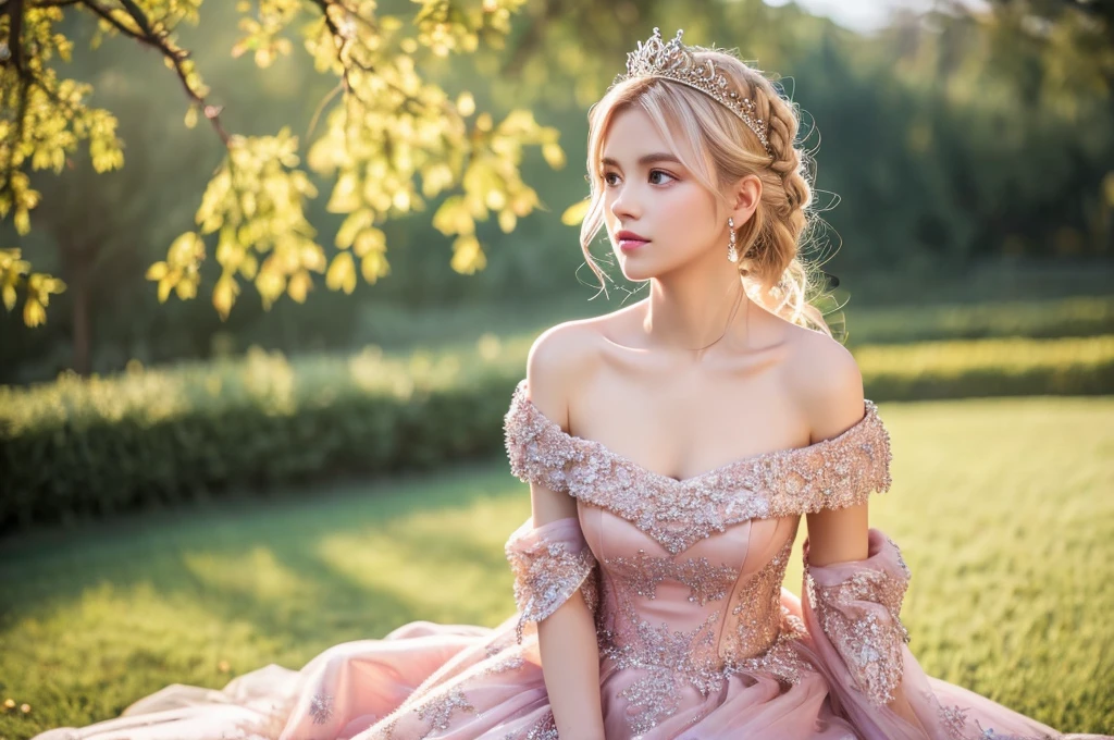 (masterpiece),(Highest image quality),top quality,(extremely detailed),4K,(8K),super detailed,realistic,1 girl,blond hair,Off-Shoulder,ball gown,pink dress,tiara