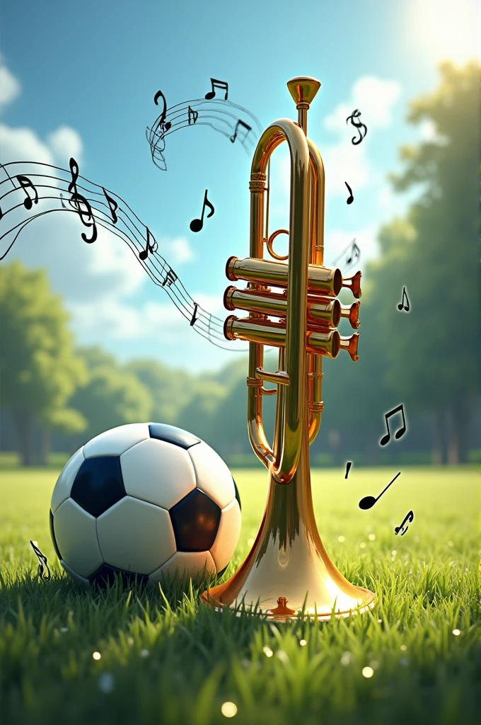 trumpet, soccer ball and musical notes