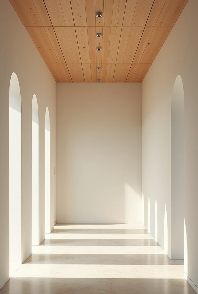 Create a wall with neutral colour for a aisle way and that have ceiling with light brown wooden wood