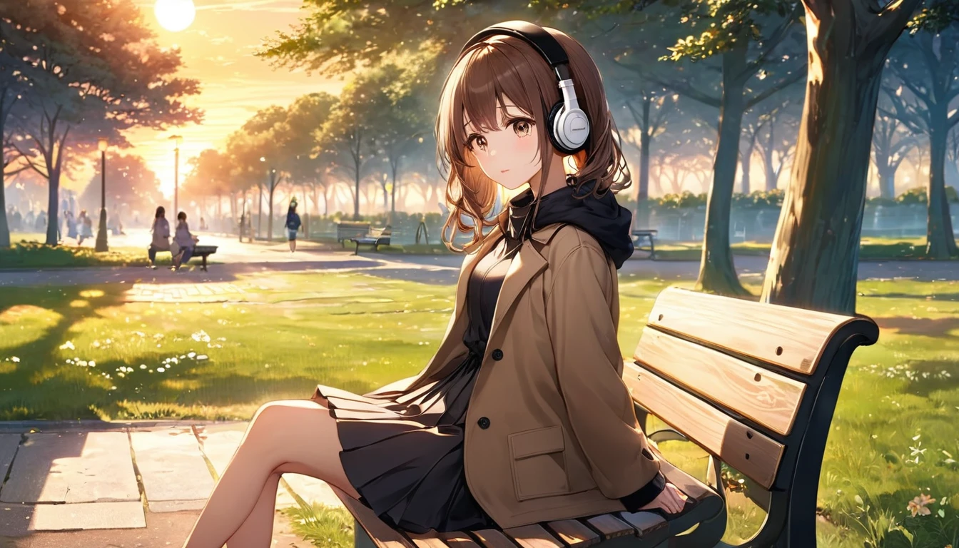 background：Quiet park at dusk。
expression：リラックスしたexpression。
Costume：Simple coat and skirt。
Pause：sitting on a bench stretching one&#39;s legs。
scene：A peaceful moment as the setting sun gently illuminates the entire park。

(Brown haired woman wearing headphones), (A walk in the park at dusk), (Very detailed, masterpiece, Highest quality, bright), (Anime Style)。
