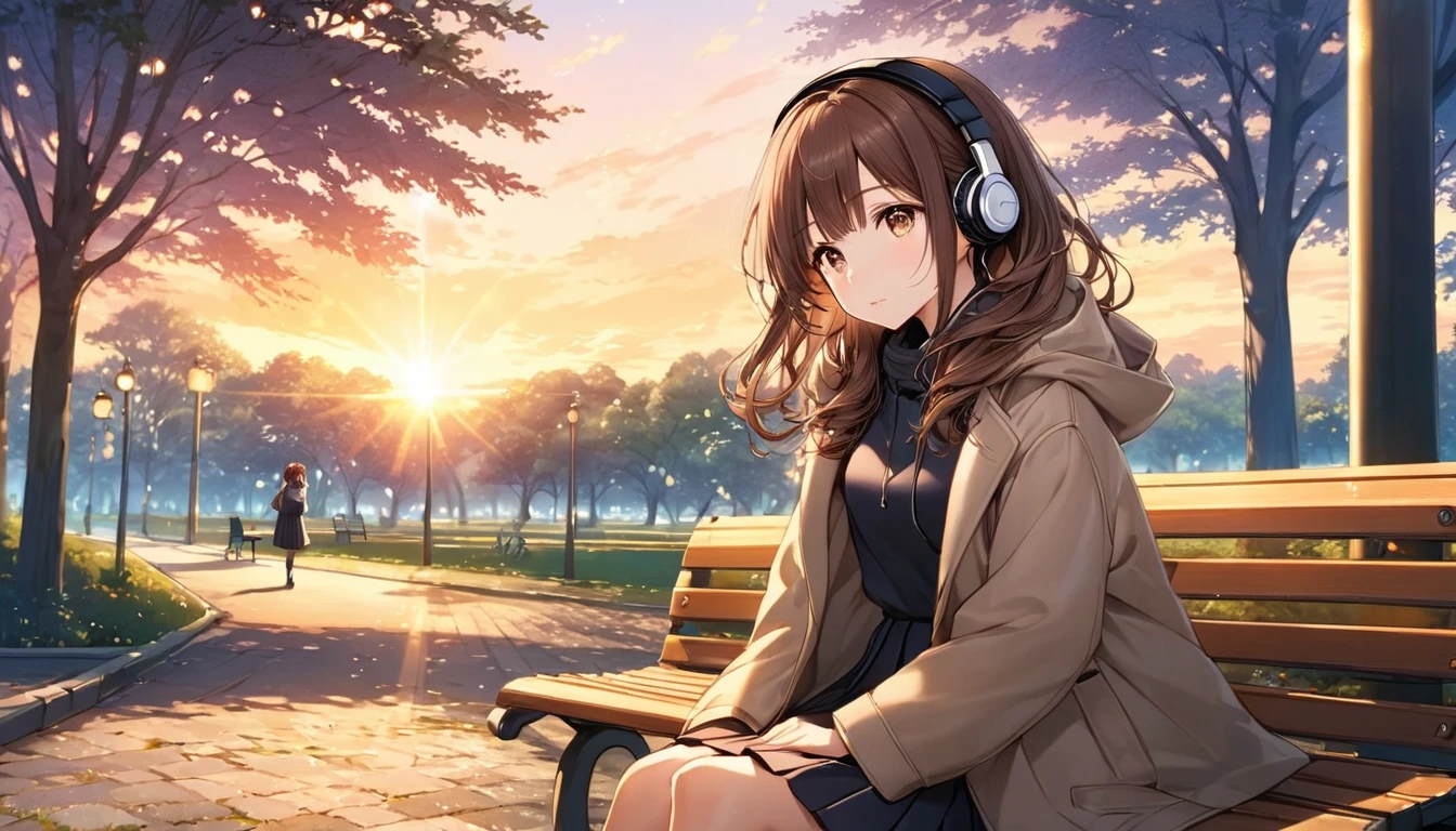 background:Quiet park at dusk。
expression:リラックスしたexpression。
Costume:Simple coat and skirt。
Pause:sitting on a bench stretching one's legs。
scene:A peaceful moment as the setting sun gently illuminates the entire park。
(Brown haired woman wearing headphones), (A walk in the park at dusk), (Very detailed, masterpiece, Highest quality, bright), (Anime Style)。