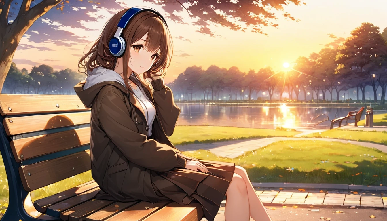 background：Quiet park at dusk。
expression：リラックスしたexpression。
Costume：Simple coat and skirt。
Pause：sitting on a bench stretching one&#39;s legs。
scene：A peaceful moment as the setting sun gently illuminates the entire park。

(Brown haired woman wearing headphones), (A walk in the park at dusk), (Very detailed, masterpiece, Highest quality, bright), (Anime Style)。
