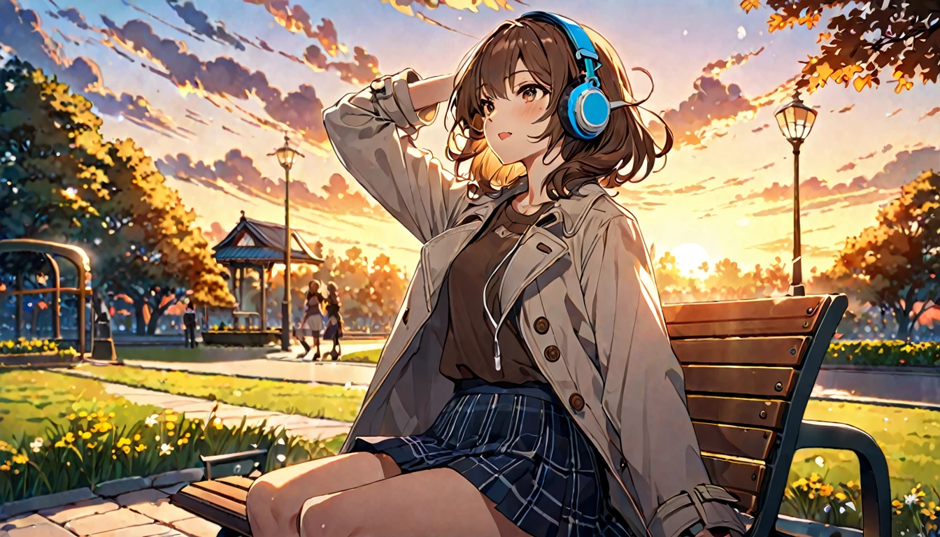 background:Quiet park at dusk。
expression:リラックスしたexpression。
Costume:Simple coat and skirt。
Pause:sitting on a bench stretching one's legs。
scene:A peaceful moment as the setting sun gently illuminates the entire park。
(Brown haired woman wearing headphones), (A walk in the park at dusk), (Very detailed, masterpiece, Highest quality, bright), (Anime Style)。