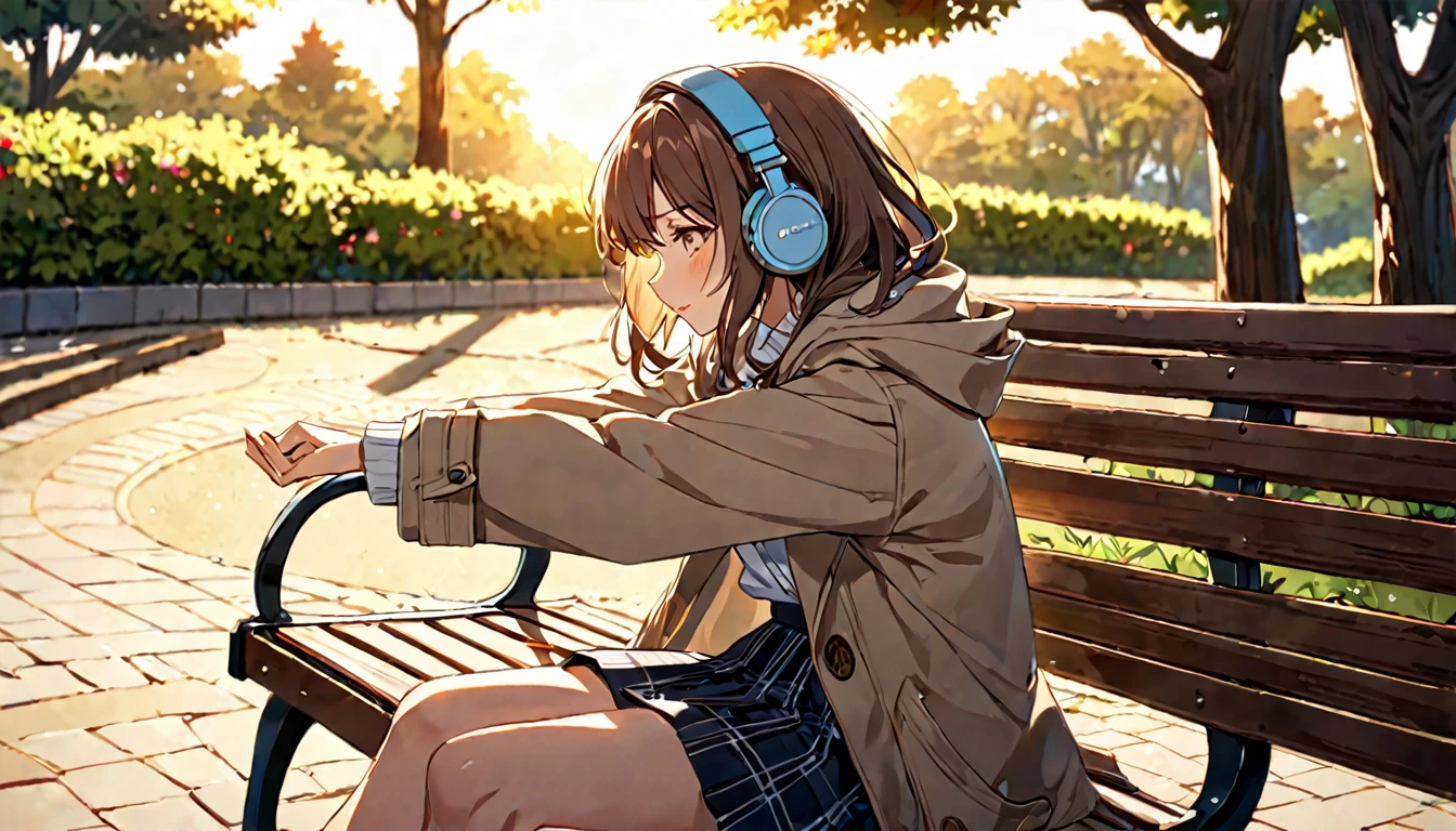 background：Quiet park at dusk。
expression：リラックスしたexpression。
Costume：Simple coat and skirt。
Pause：sitting on a bench stretching one&#39;s legs。
scene：A peaceful moment as the setting sun gently illuminates the entire park。

(Brown haired woman wearing headphones), (A walk in the park at dusk), (Very detailed, masterpiece, Highest quality, bright), (Anime Style)。
