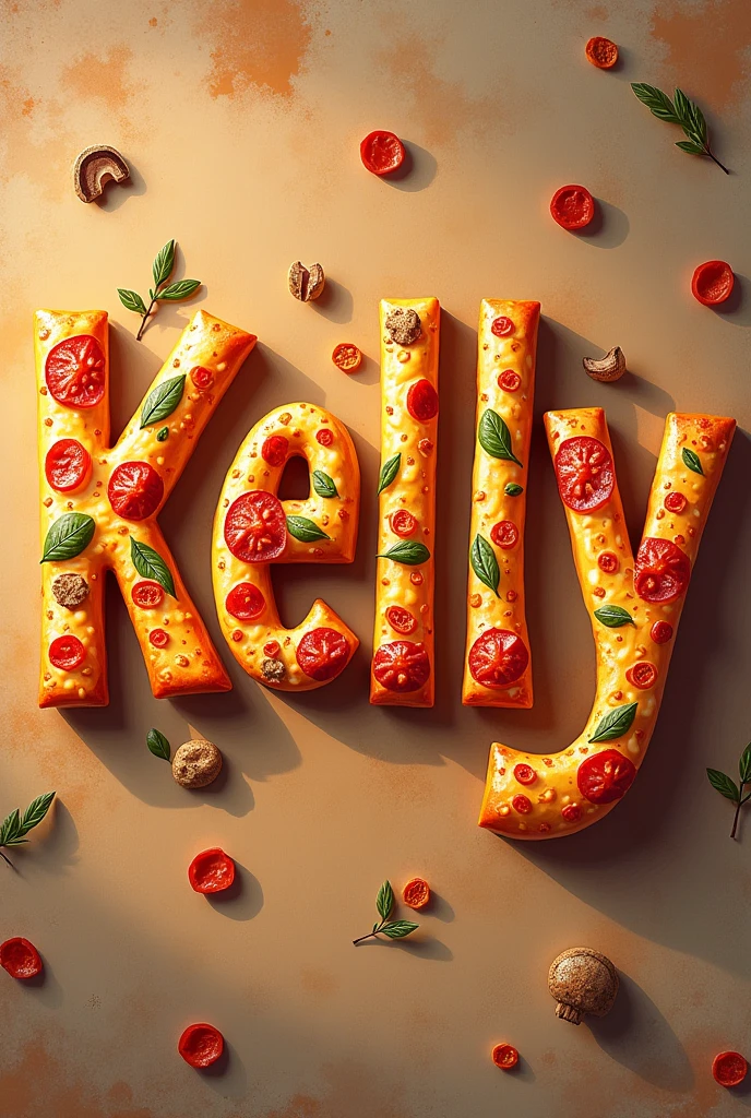 generate an illustration of the word"kelly" with a visual appearance that simulates a pizza