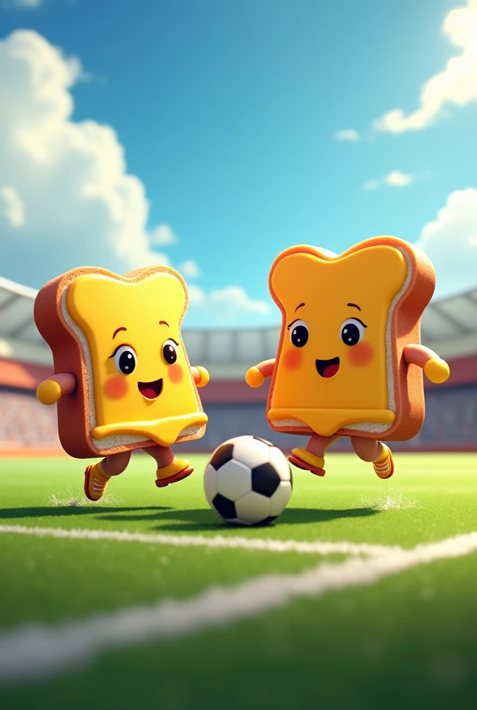 Two ham and cheese sandwiches playing soccer
