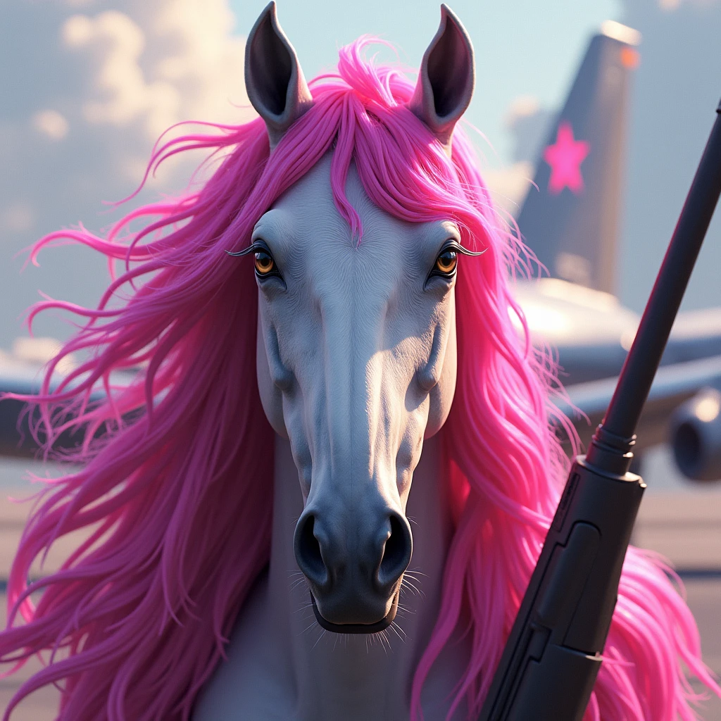 1 horse head with exuberant beauty, With long hair, bright pink wavy hair, with a rifle in his hand and looking at the viewer with piercing eyes. Behind her there is an Air Force war plane and some pink details and a luminous sign that says “FMS”