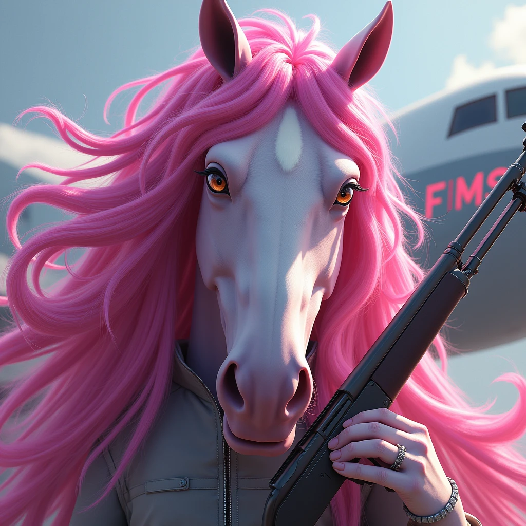 1 horse head with exuberant beauty, With long hair, bright pink wavy hair, with a rifle in his hand and looking at the viewer with piercing eyes. Behind her there is an Air Force war plane and some pink details and a luminous sign that says “FMS”