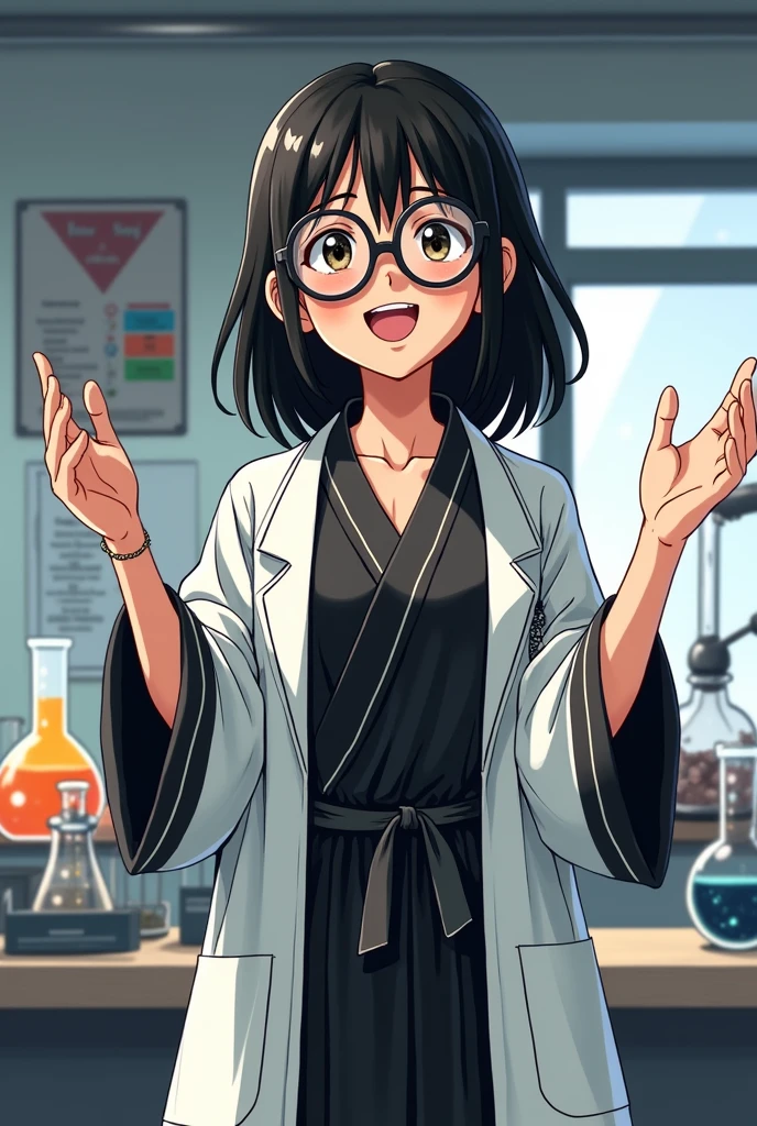 A smiling girl with glasses, a skinny, straight-haired Latina, explaining an experiment in a black and white anime movie-style robe