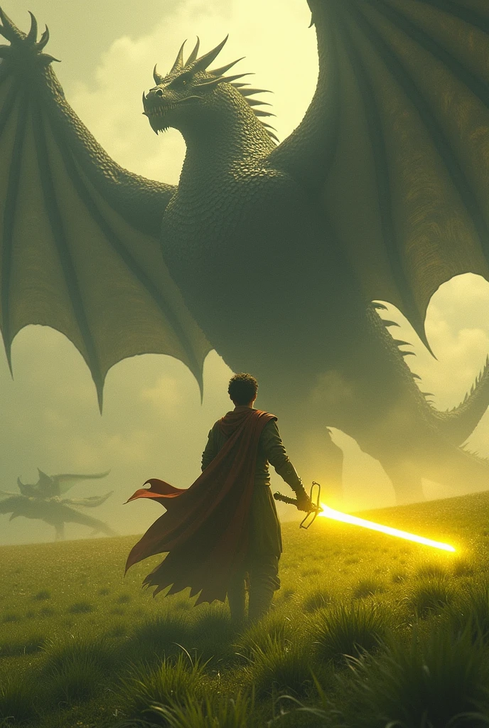 work of art. heroic, a strong, young man, serious-looking man, fighting powerful black dragons, in the background are several colossal dragons. the man is brandishing a sword of yellow light like the blinding sun. The landscape is of green fields in the background. Lord of the Ring, Skyrim. Epic