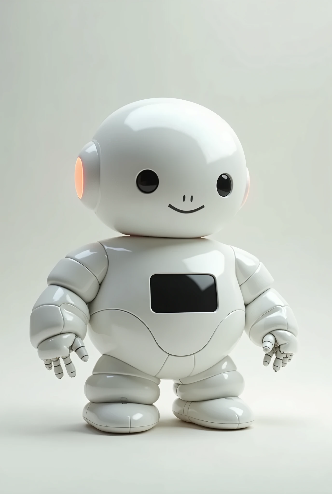 A cute robot made to care for the elderly, he is not that tall and is relatively fat, design simples mas caricato, It is completely white and made of an inflatable material., has fingers and hands, It has legs but no feet and in its belly it carries a display or screen
