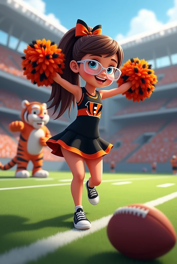Bengals cheerleader tween
Chunky body
Brown hair, medium length in ponytail, bangs,
blue eyes with clear plastic glasses
football field stadium
Black & orange one piece outfit with Bengals logo black nike shoes
No show socks
hair bow
tiger mascot on field
Smiling
Football on ground
Pompom on ground