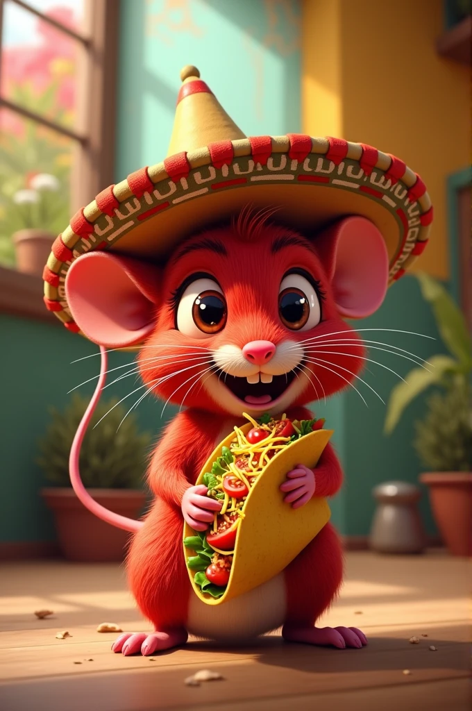 A red mouse with a Mexican hat,eating a taco