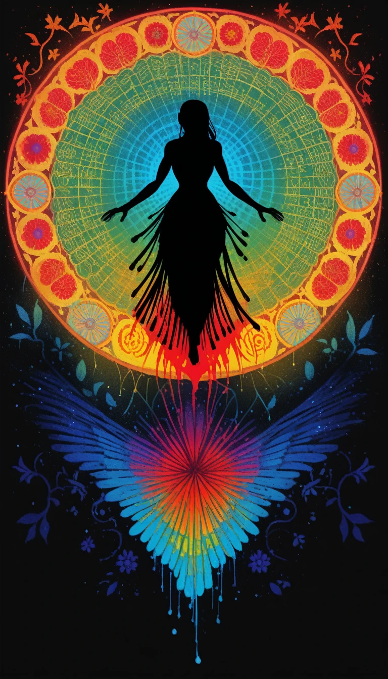 high quality, 8K Ultra HD, generate a vibrant canvas illuminated by a cascade of colorful and iridescent bioluminescence, forming the silhouette of a captivating Chinese woman, The dynamic lines and patterns, reminiscent of a biological dance, weave together to create a harmonious fusion of biology and art. The bioluminescence, in hues ranging from electric blues to radiant reds and vivid greens, breathes life into the woman's form, Her darkened silhouette emerges as a synthesis of the iridescent bioluminescence, a testament to the seamless integration of colorful biology and extreme beauty in your masterful creation, highly detailed, bright HDR highlights create a rim of light around the silhouette.
