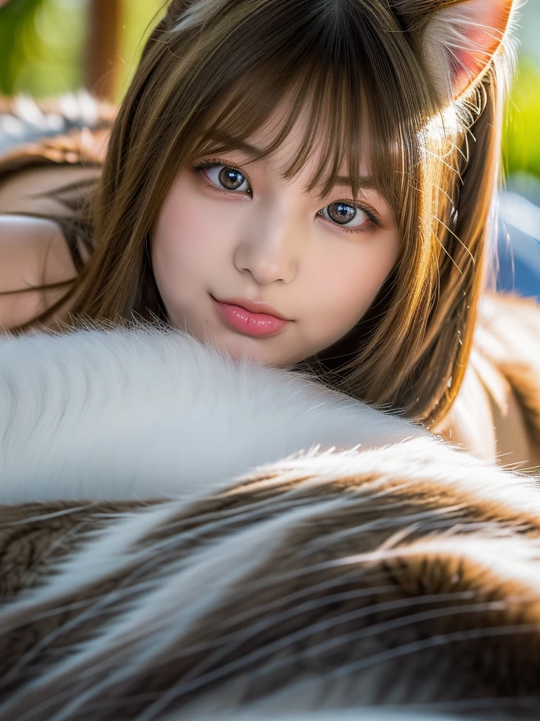 best quality, masterpiece, (realistic:1.2), 1 girl, brown hair, gold eye,Front, detailed face, beautiful eyes,wolf eye,(wolf ear),tank top,jeans,with huge wolf