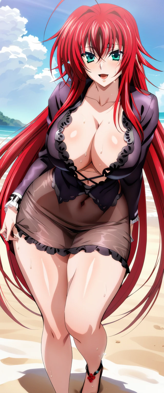 masterpiece, best quality, ultra high res, ultra-detailed, outside in a palm beach, day, daylight illumination, beautiful ocean landscape, a young boy, a mature woman, 40 years old, slut, MILF, red hair, green eyes, twintail hairstyle, red lipstick, red eyeliner, dark brown skin, hairy pubic hair, (gigantic tits and giant cleavage: 1.5), soggy naked body, White high heels, horny, sexy, oily body, (a very mature woman with dark brown skin is fucked hard in her pussy by a young boy from behind while she is having an horny and sexy face and moaning with open mouth: 1.6)