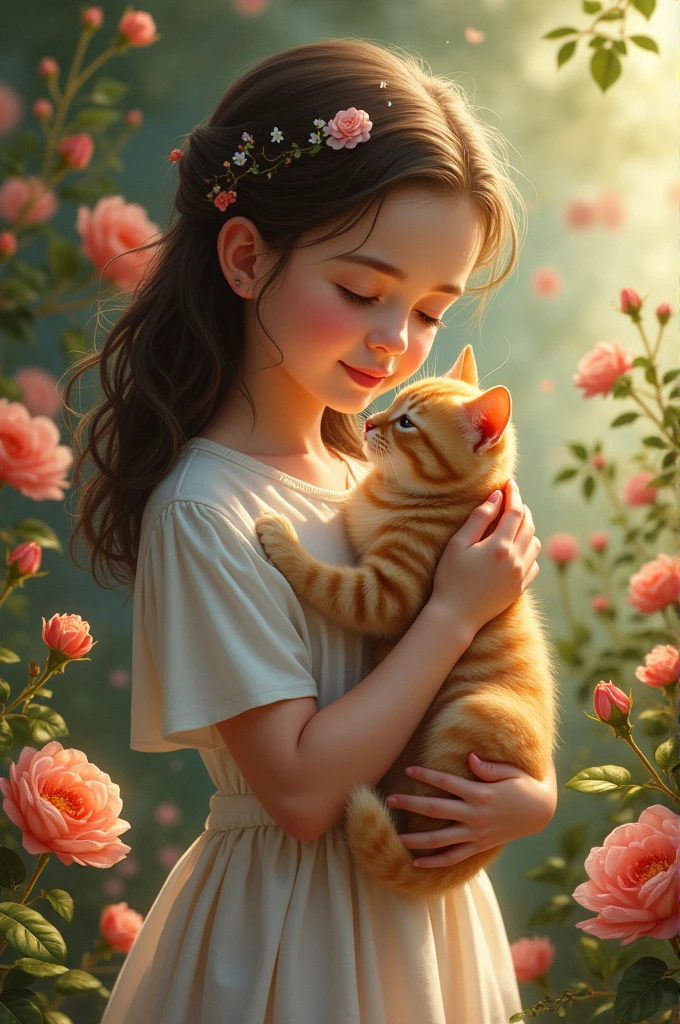 A  girl stand with a cat in her hand.
There is many flowers in the background 