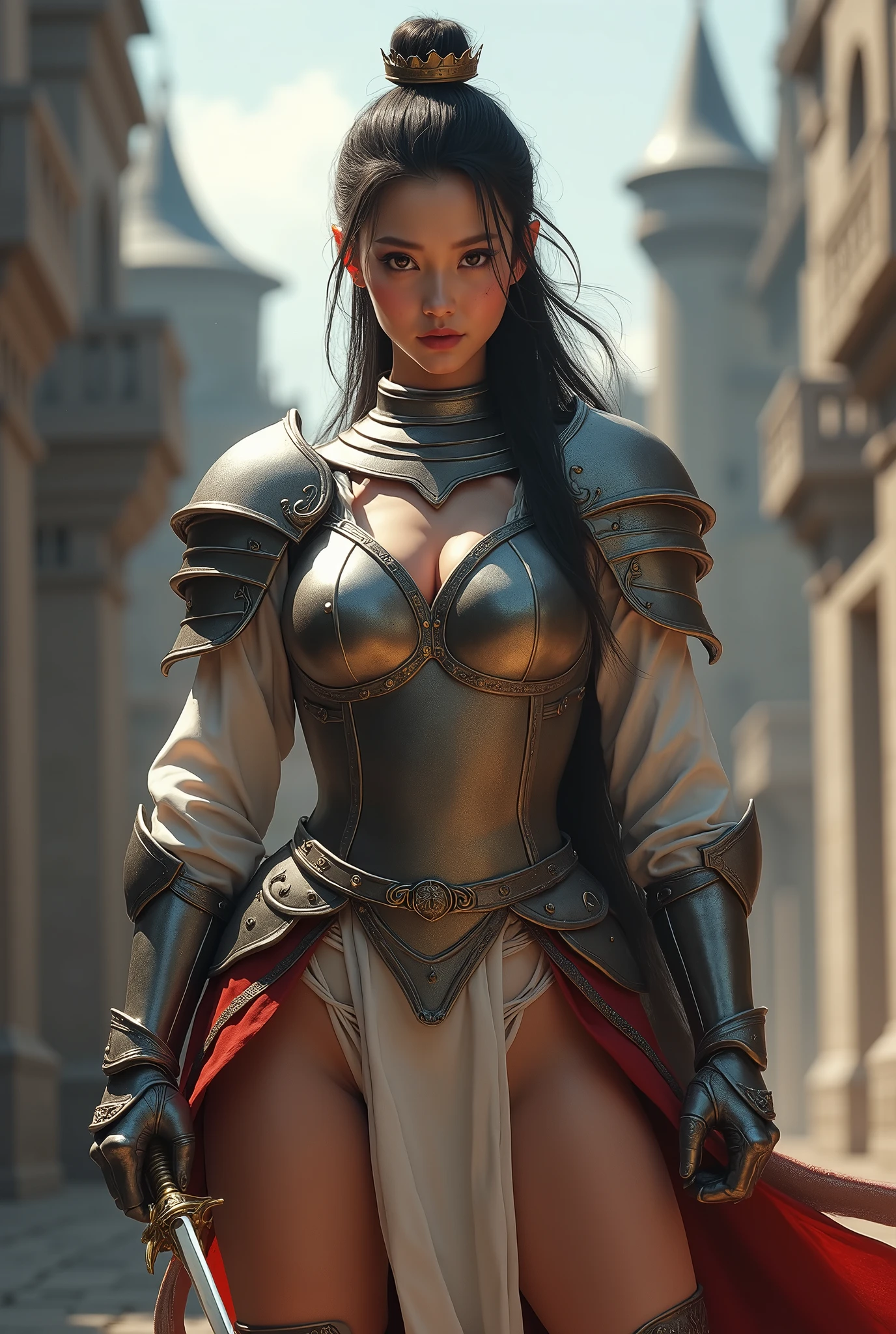 Craft a 4K, full-body image depicting a warrior princess reminiscent of Selena Gomez. Clothe her in armor that's both fierce and alluring, showcasing her strength and beauty in a medieval battlefield setting with a hint of fantasy elements.